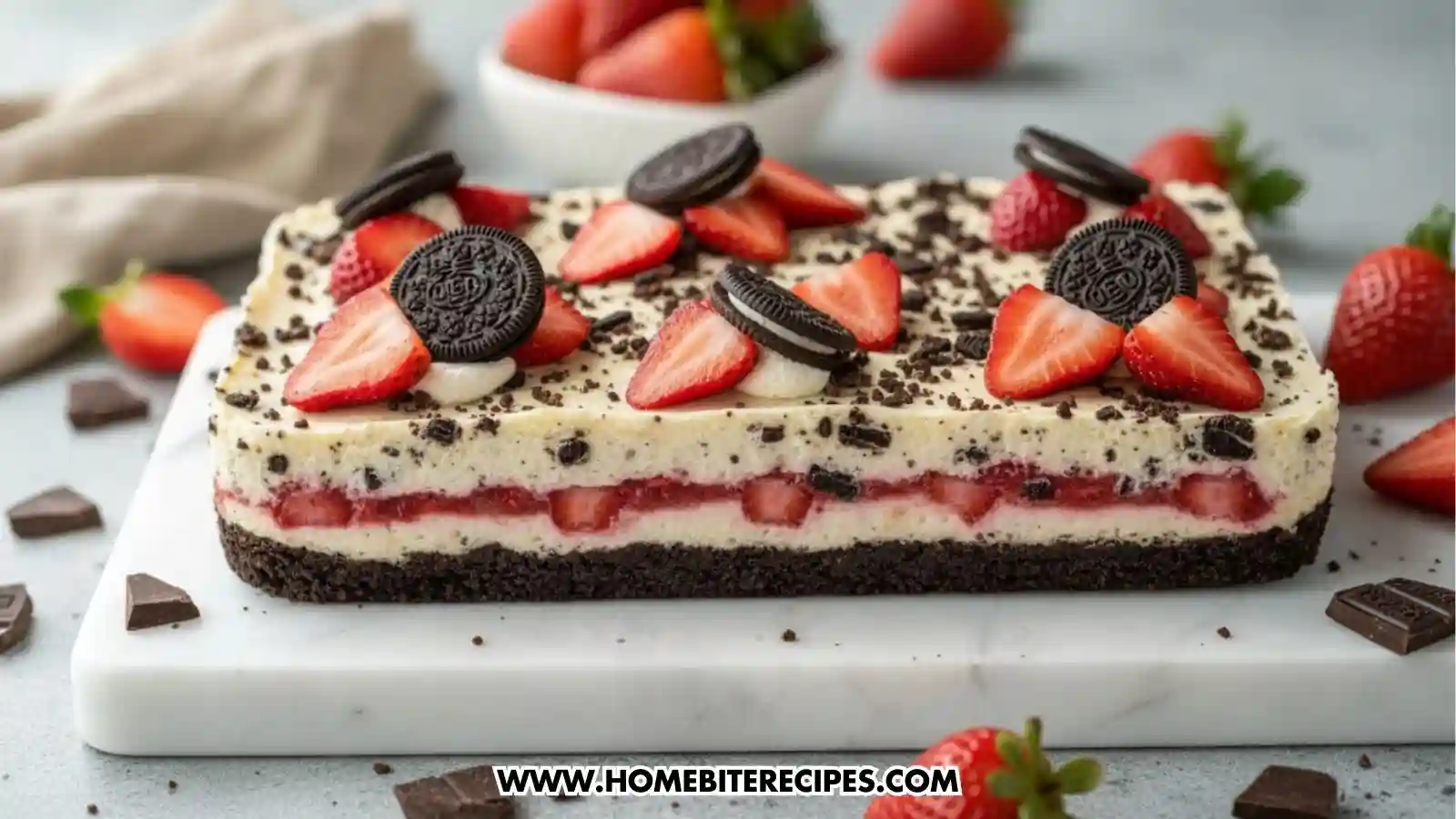 A side-profile view of a large, rectangular No-Bake Strawberry Oreo Cheesecake before being sliced. The layers are clearly visible: a dense black Oreo crust, a layer of white cheesecake, a thick middle layer of sliced strawberries, and a top layer of cheesecake. The top is decorated with whole Oreos, strawberry slices, and cookie crumbles.