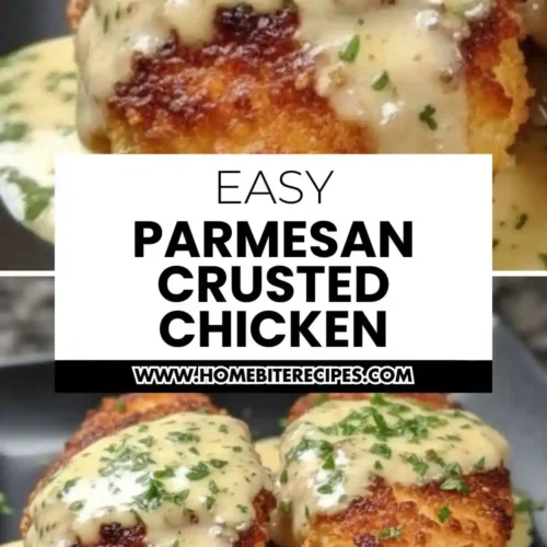 Golden brown Parmesan Crusted Chicken With Creamy Garlic Sauce garnished with fresh parsley on a black plate.
