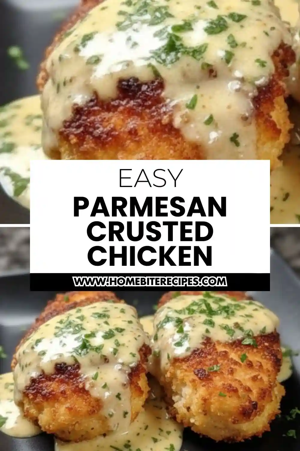 Golden brown Parmesan Crusted Chicken With Creamy Garlic Sauce garnished with fresh parsley on a black plate.