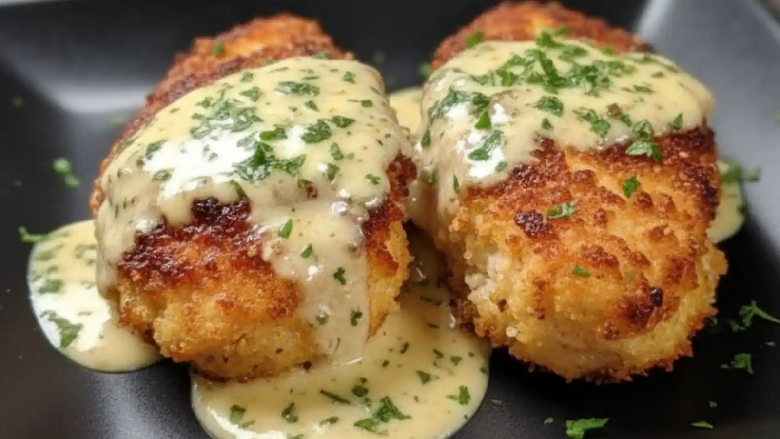 a close-up Golden brown Parmesan Crusted Chicken With Creamy Garlic Sauce garnished with fresh parsley on a black plate.