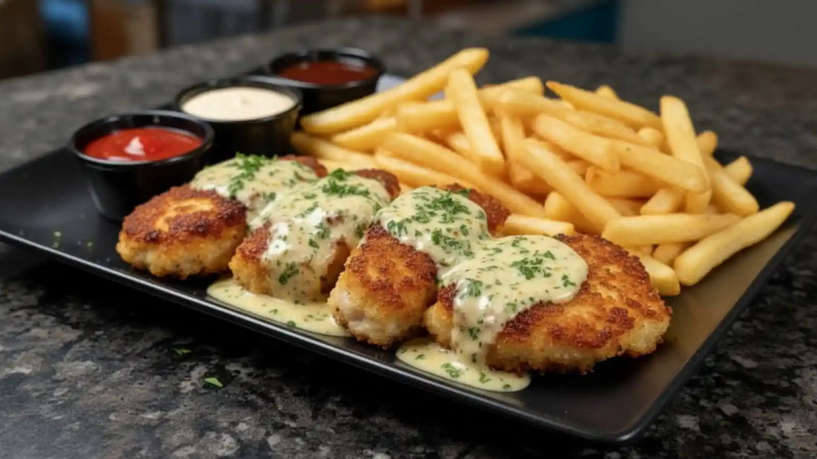 A full meal featuring Parmesan Crusted Chicken With Creamy Garlic Sauce served with a side of golden French fries and assorted dipping sauces.