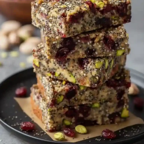 A stack of homemade Pistachio Cranberry Chia Energy Bars on a black plate, featuring visible green pistachios, red cranberries, and chia seeds.