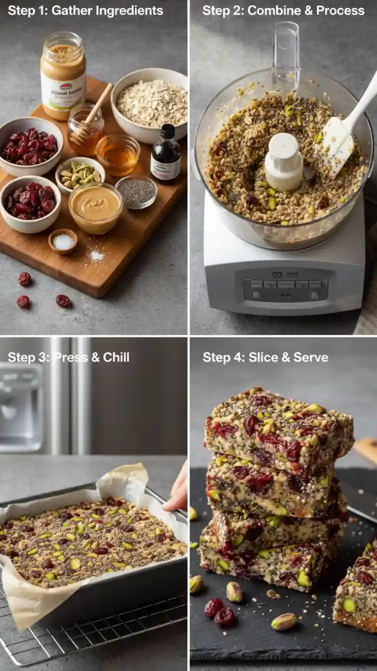 A four-panel image demonstrating the simple process of making homemade Pistachio Cranberry Chia Energy Bars from start to finish.