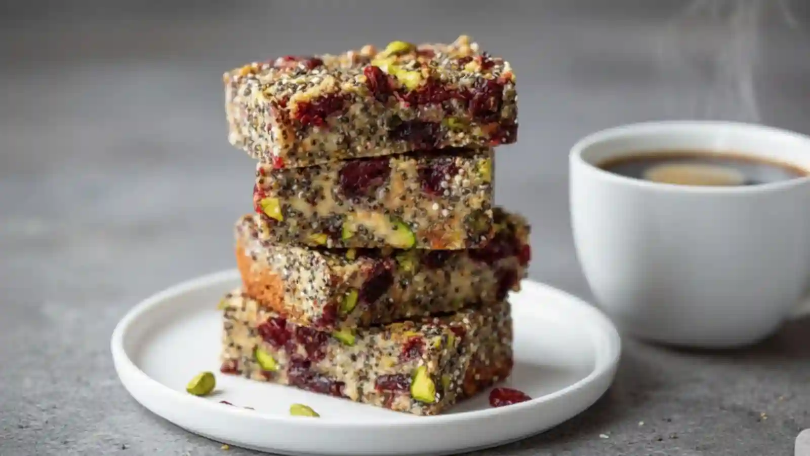 A stack of four Pistachio Cranberry Chia Energy Bars on a white plate next to a steaming cup of black coffee.