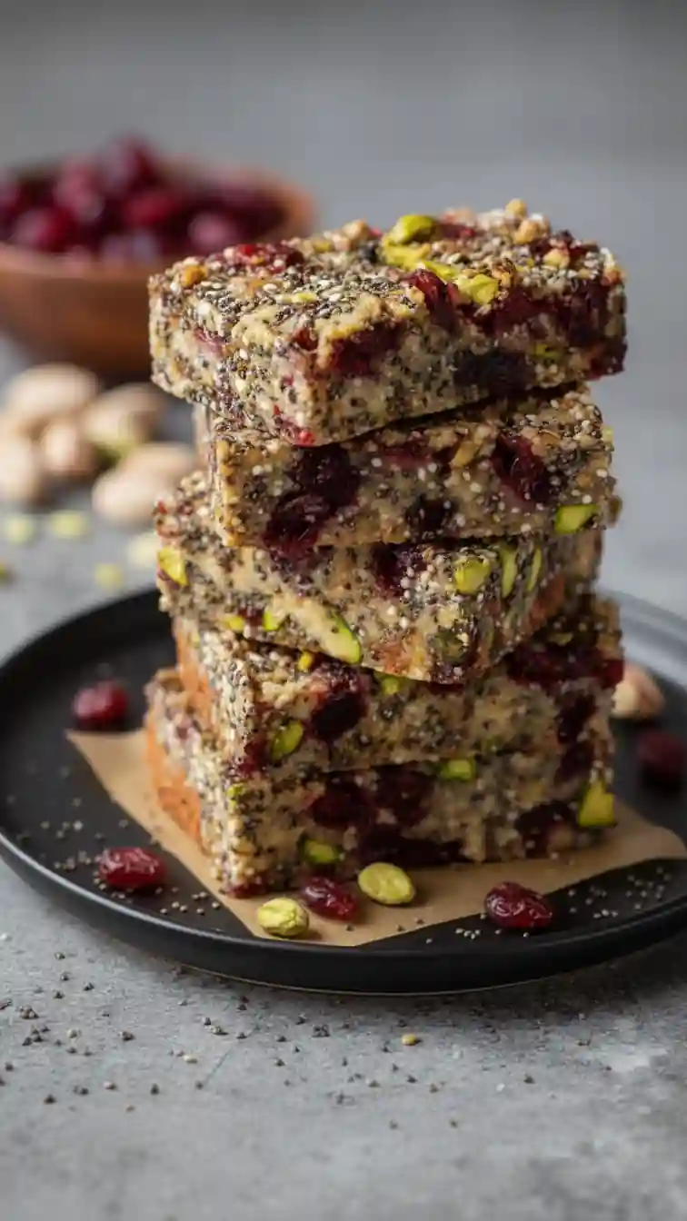 A stack of homemade Pistachio Cranberry Chia Energy Bars on a black plate, featuring visible green pistachios, red cranberries, and chia seeds.