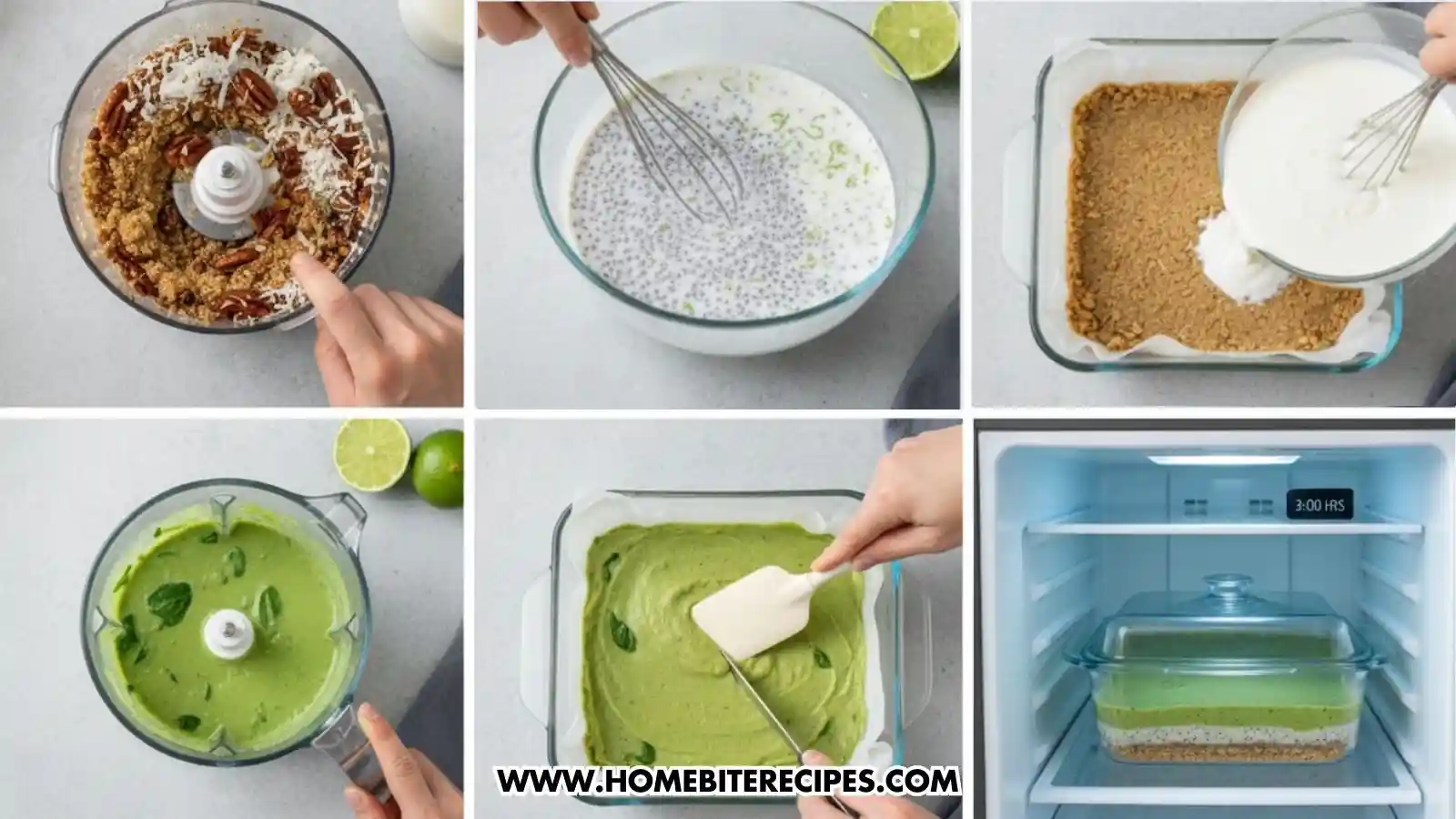 Six pictures showing the steps to make No Bake Chia Pudding Bars. They're shwoing the followings steps : Making the Crust, Preparing the Chia Layer, Making the Green Lime Layer, spreading over the first layer and Chilling