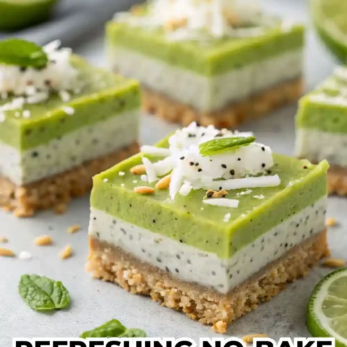 Close-up of layered no-bake chia pudding bars with a nutty date crust, creamy coconut-lime chia filling, and a vibrant green lime layer topped with shredded coconut, mint, and toasted seeds