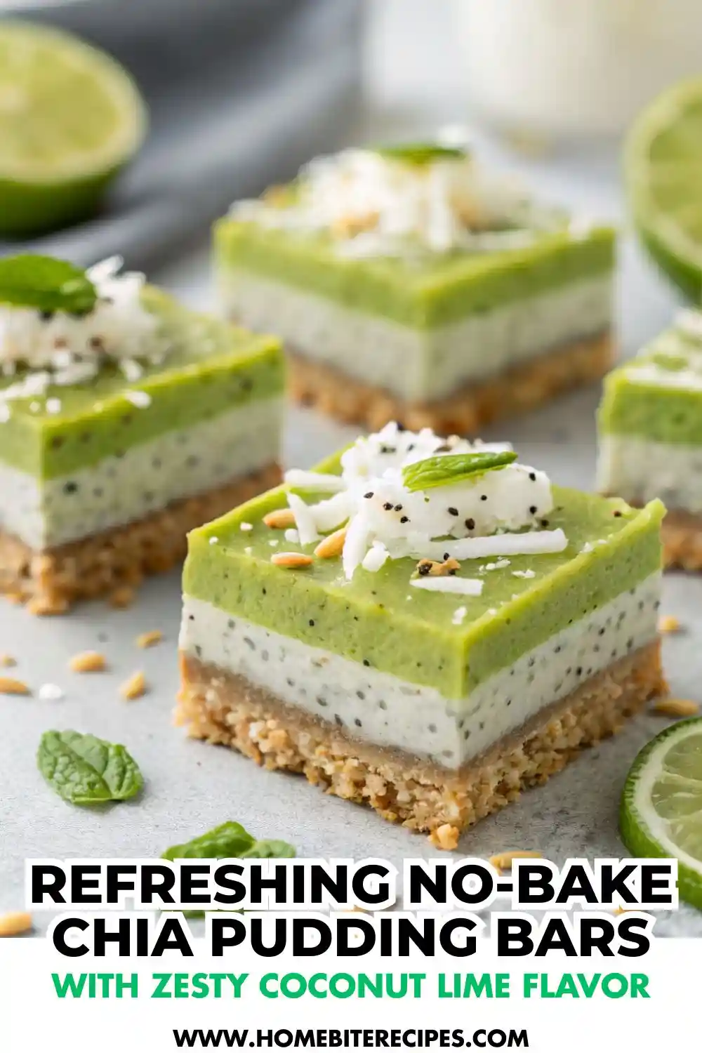 Close-up of layered no-bake chia pudding bars with a nutty date crust, creamy coconut-lime chia filling, and a vibrant green lime layer topped with shredded coconut, mint, and toasted seeds