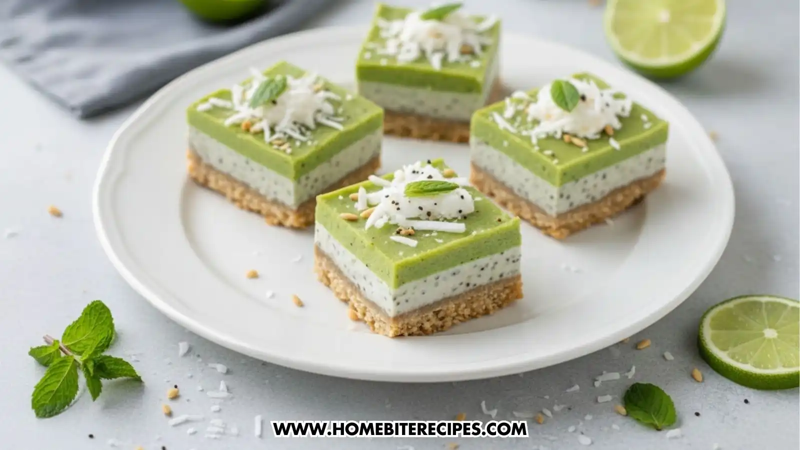 Close-up of layered No Bake Chia Pudding Bars with a nutty date crust, creamy coconut-lime chia filling, and a vibrant green lime layer topped with shredded coconut, mint, and toasted seeds
