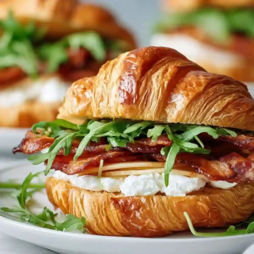 Savory croissant sandwich filled with crispy bacon, creamy ricotta cheese, and fresh arugula on a white plate.