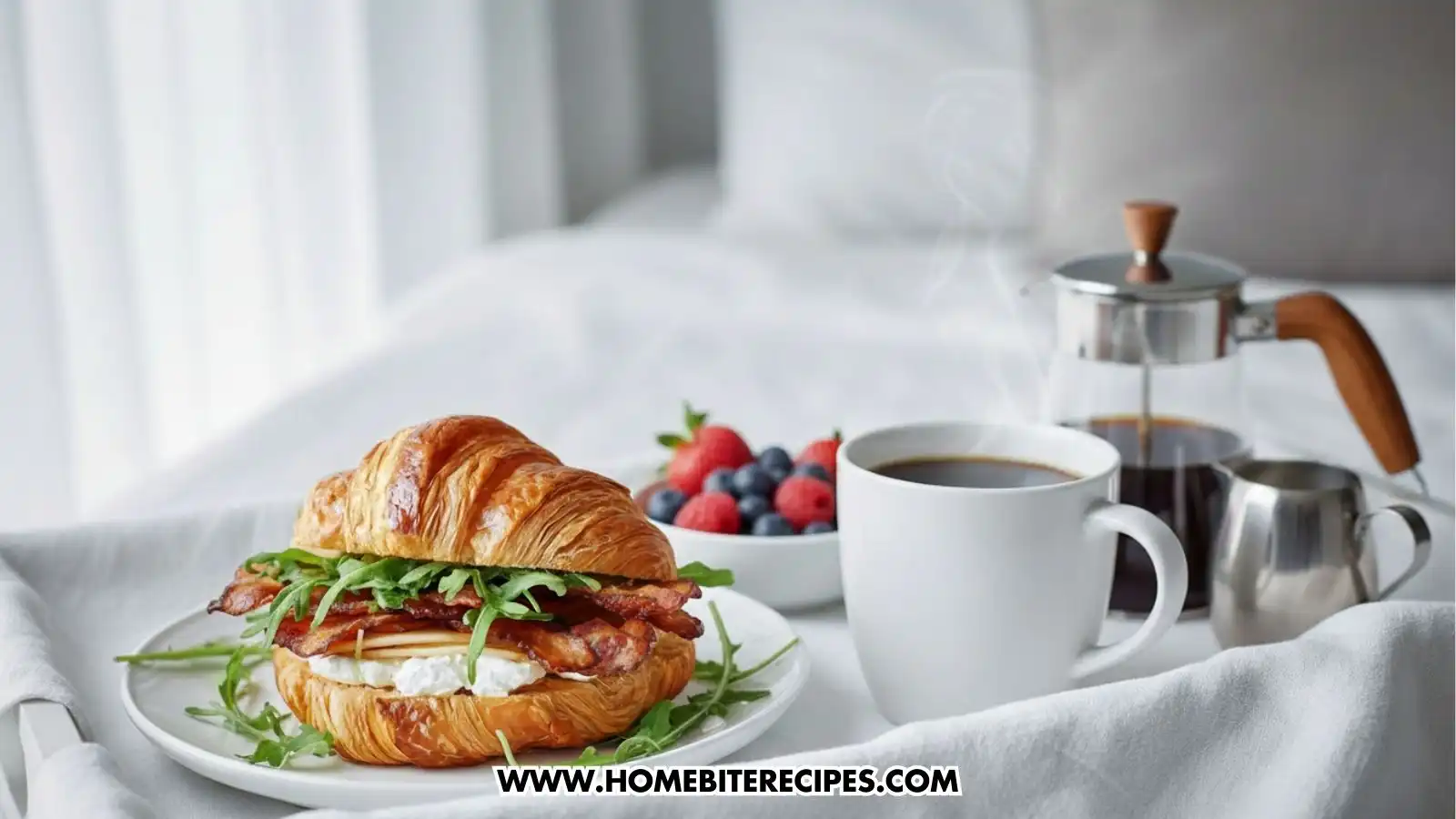 A savory breakfast croissant sandwich with layers of crispy bacon, arugula, and goat cheese on a white plate. In the background, a small bowl of strawberries and blueberries sits next to a steaming mug of black coffee and a French press.