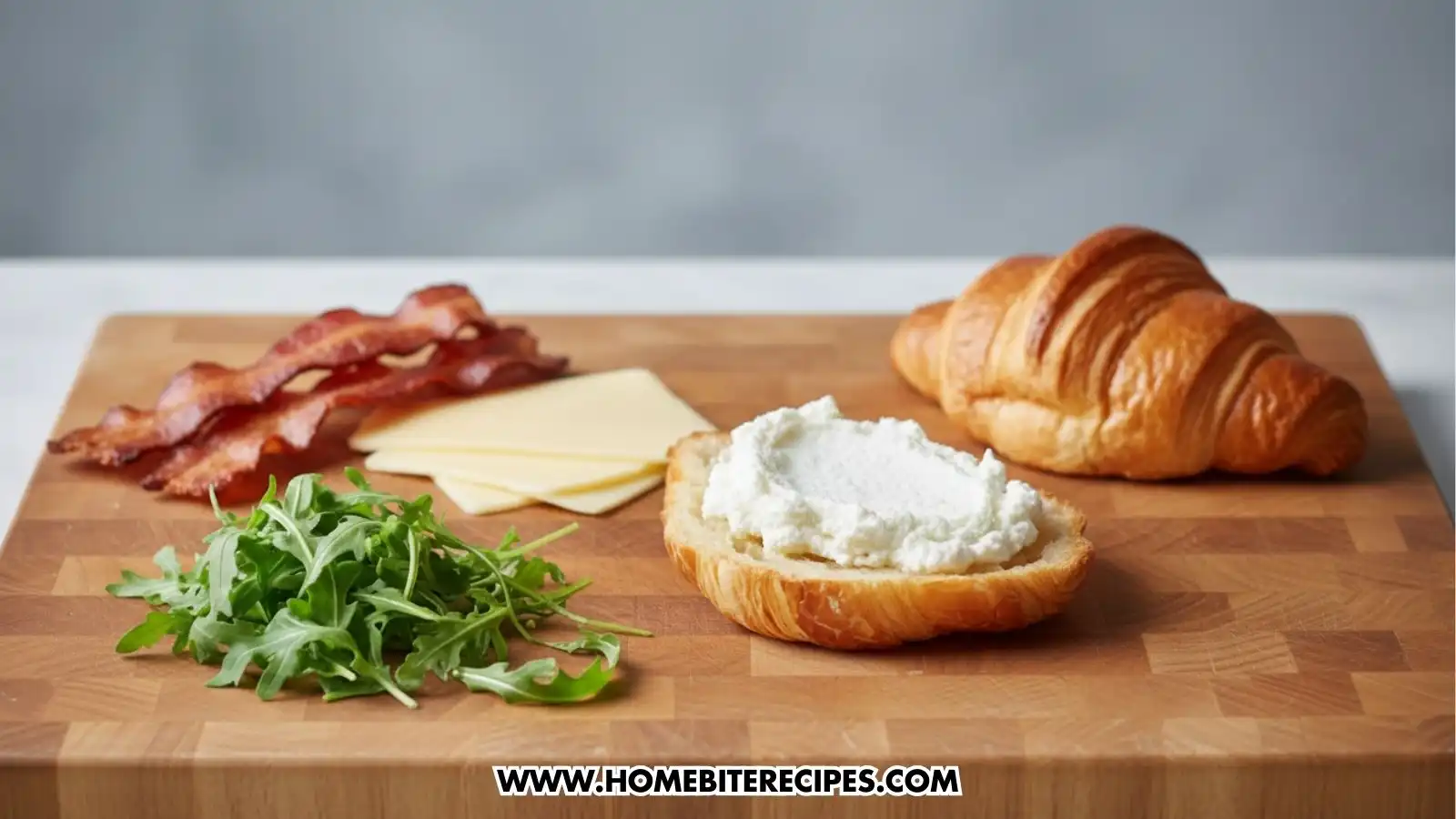 A wooden cutting board displaying the components of a breakfast sandwich: two strips of wavy bacon, a pile of fresh green arugula, several slices of yellow cheese, a whole flaky croissant, and one croissant half topped with a thick layer of white cream cheese.