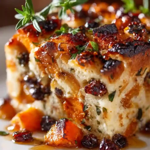 Close-up of a savory bread pudding made with butternut squash, cranberries, herbs, and golden toasted bread cubes.