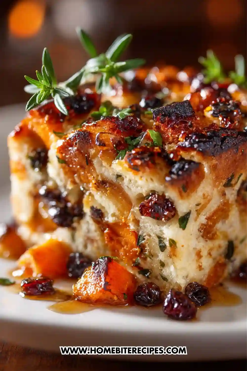 Close-up of a savory bread pudding made with butternut squash, cranberries, herbs, and golden toasted bread cubes.
