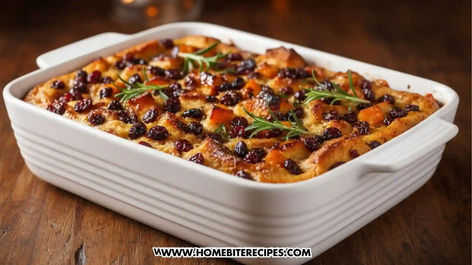 Close-up of a Savory Cranberry and Butternut Squash Bread Pudding Casserole made with butternut squash, cranberries, herbs, and golden toasted bread cubes.