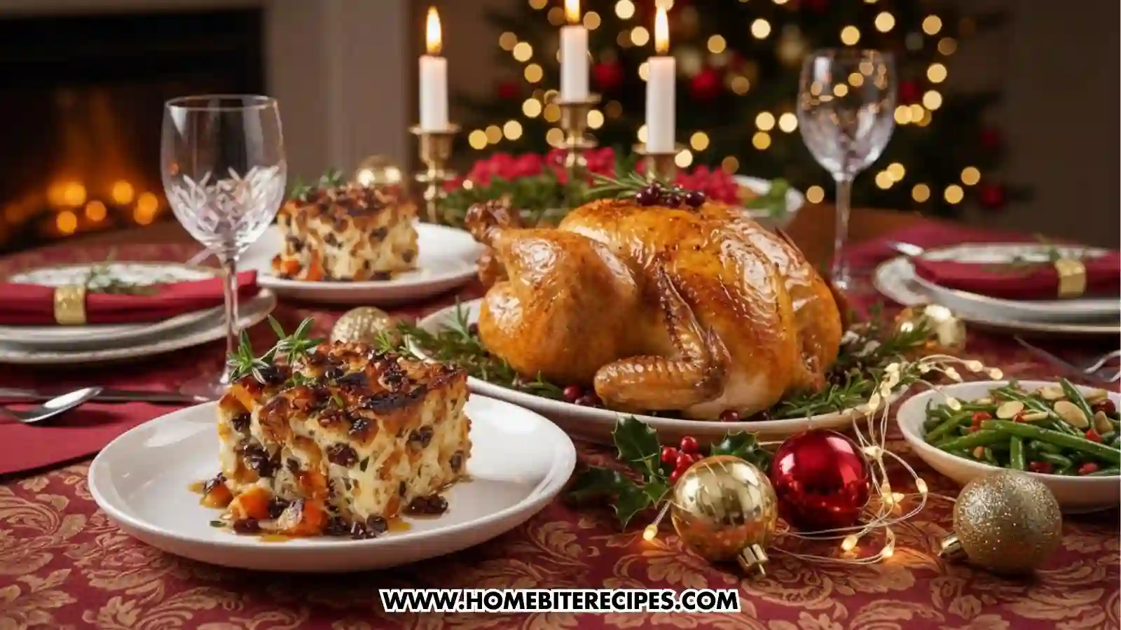 Decorated christmas table conaining roast chicken and a piece of Cranberry and Butternut Squash Bread Pudding