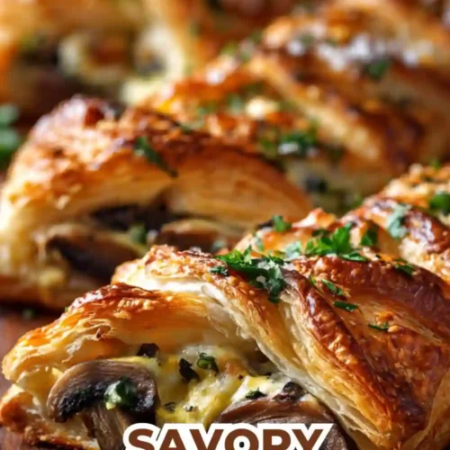 Golden puff pastry filled with sautéed mushrooms, herbs, and melted cheese, sliced into flaky, savory portions.