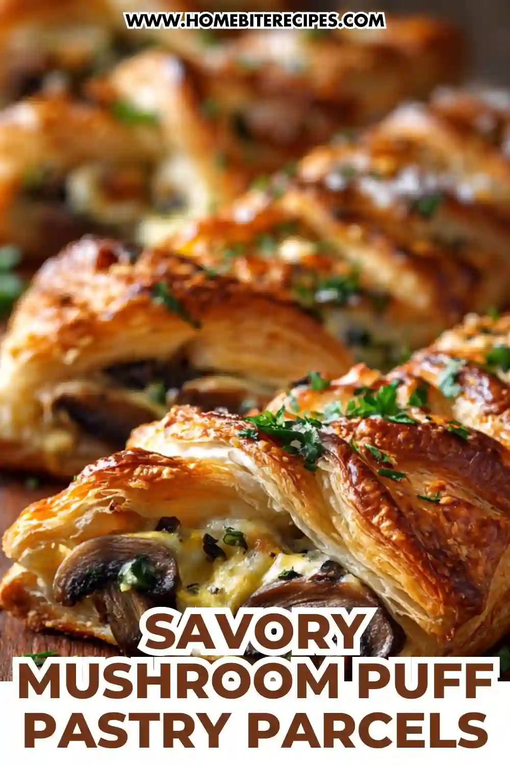 Golden puff pastry filled with sautéed mushrooms, herbs, and melted cheese, sliced into flaky, savory portions.