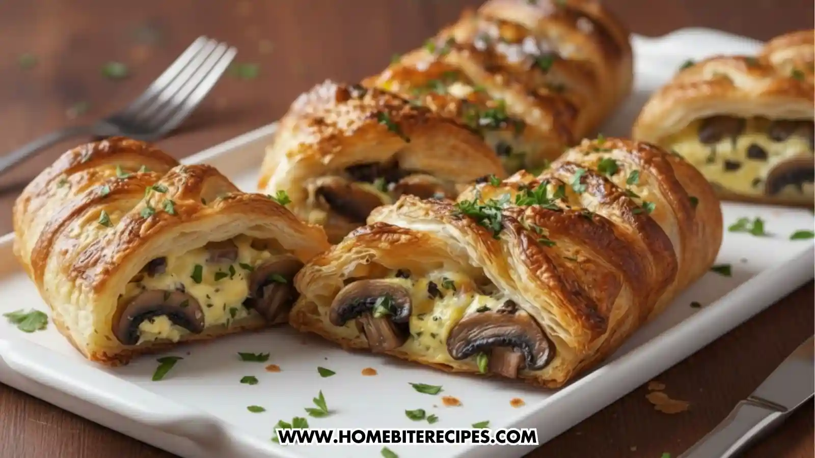 Golden Mushroom Puff Pastry Parcels filled with sautéed mushrooms, herbs, and melted cheese, sliced into flaky, savory portions, one slice is cutted in half showing the interior filling