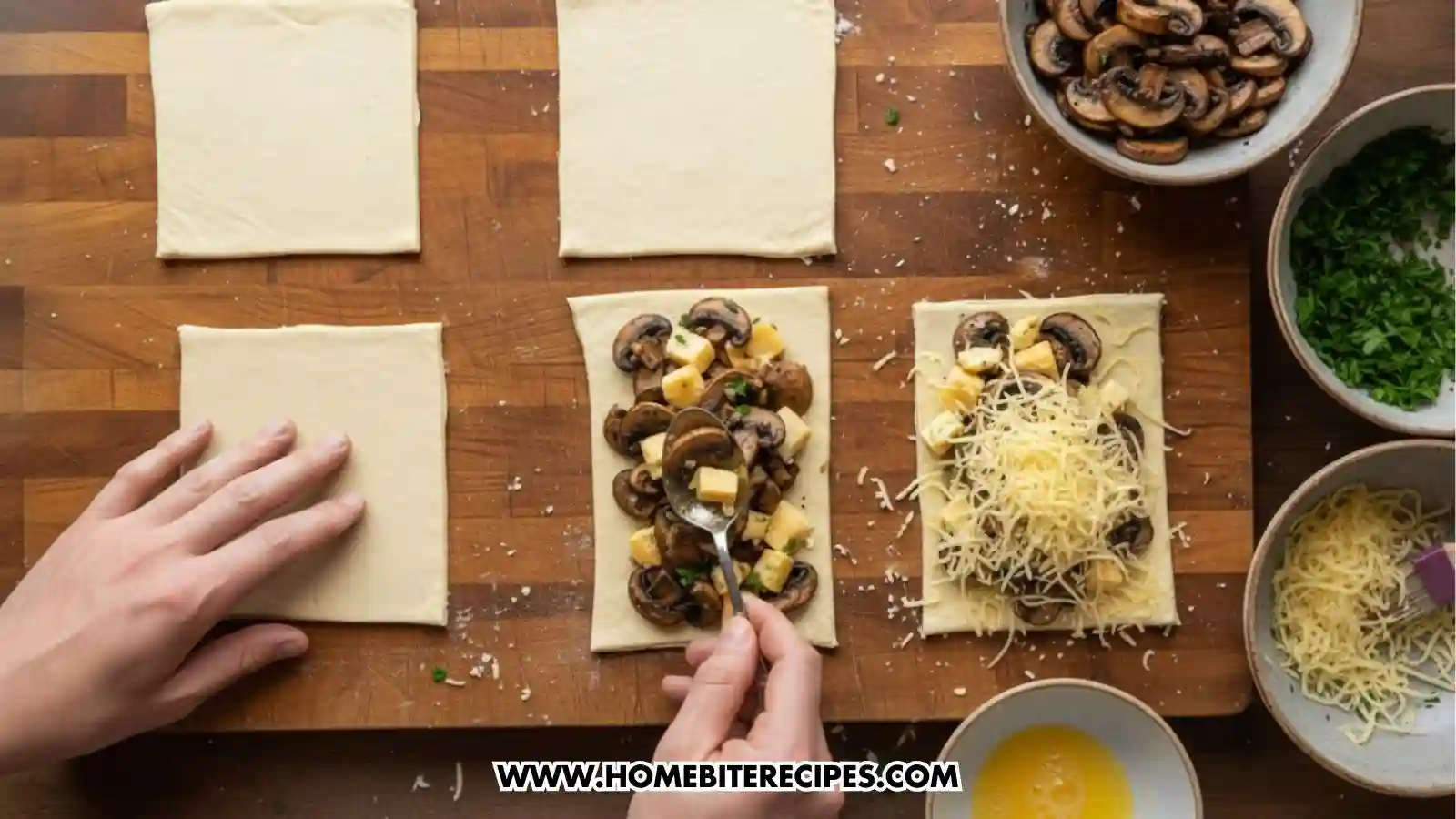 Overhead view of a wooden cutting board with squares of puff pastry arranged in a grid, as hands spoon a mushroom and cheese filling onto one square; nearby bowls hold sliced mushrooms, chopped herbs, shredded cheese, and beaten egg, showing the preparation of savory pastries.