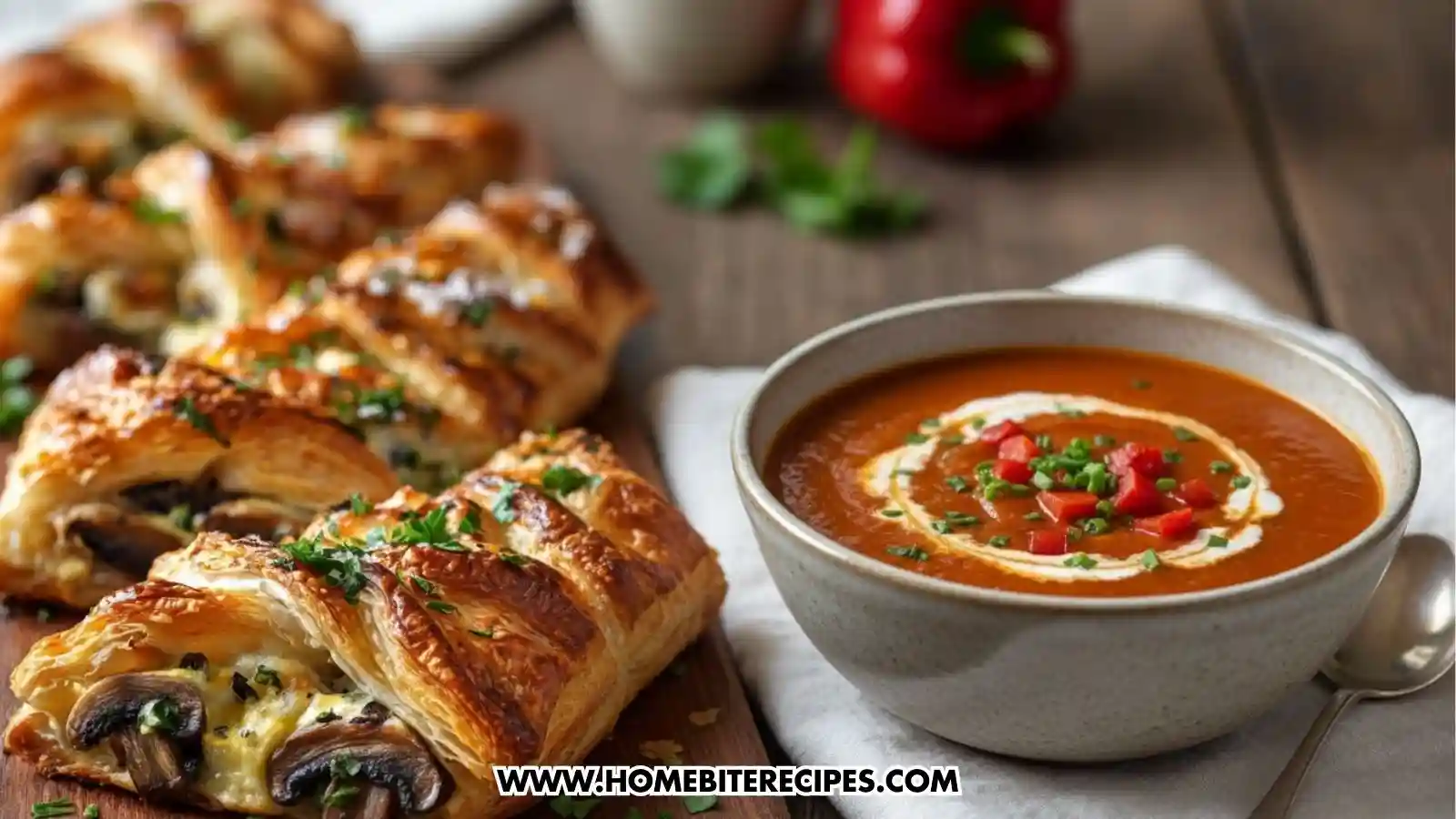 Golden Mushroom Puff Pastry Parcels filled with sautéed mushrooms, herbs, and melted cheese, sliced into flaky, savory portions served with roasted red pepper soup