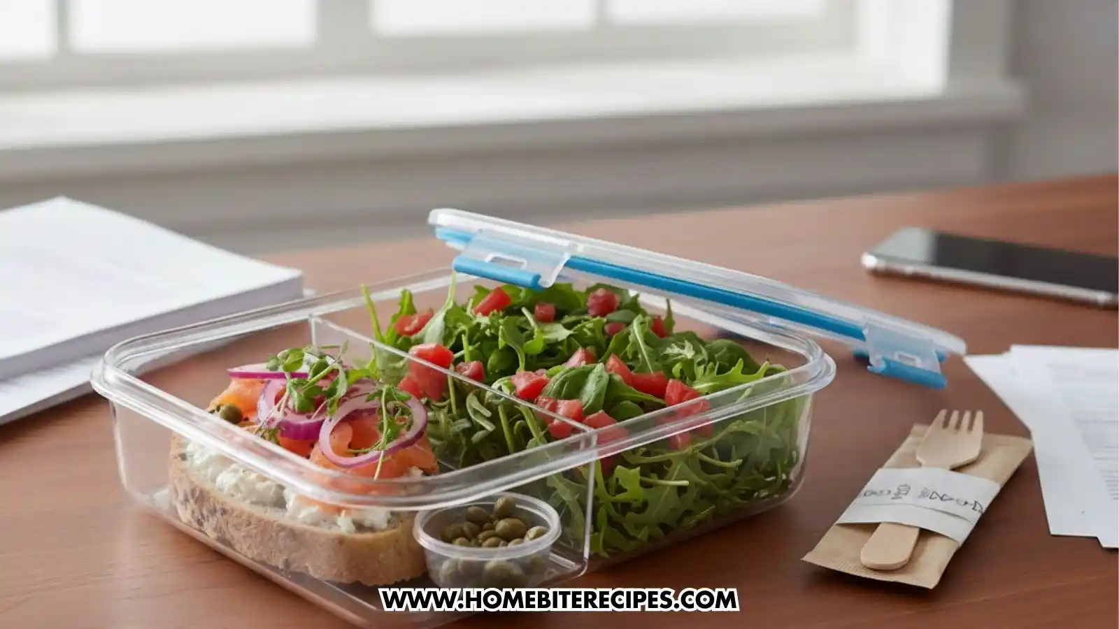 A clear, glass meal-prep container sitting on a wooden desk next to a notebook and a smartphone. The container features three compartments: one with a large slice of artisanal toast topped with cream cheese, smoked salmon, red onions, and microgreens; a second large section filled with a fresh arugula and tomato salad; and a small circular section containing capers. A blue-rimmed lid rests partially open on the container, and a small wooden fork wrapped in a paper napkin sits to the side.