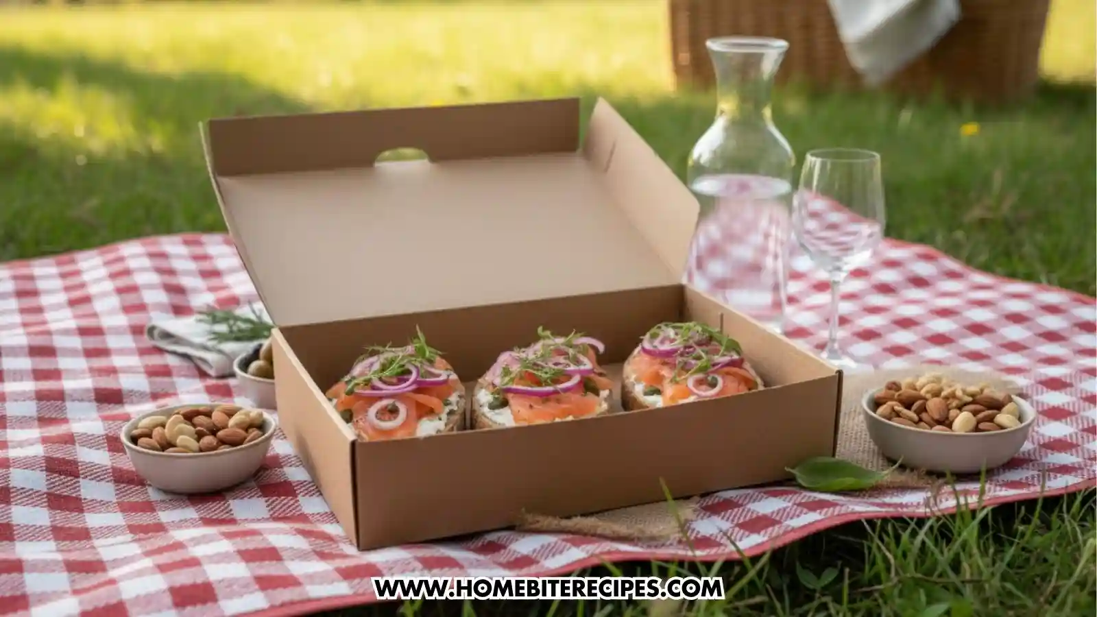 An outdoor picnic scene featuring a brown cardboard box containing three open-faced smoked salmon and cream cheese toasts on a red and white checkered blanket. Surrounding the box are small bowls of mixed nuts, a glass carafe of water, and a wine glass. The background shows a sunny, green park setting with a picnic basket in the distance.