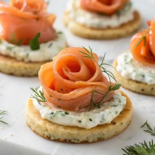 Close-up view of elegant smoked salmon rose canapés arranged on a marble surface, featuring thin slices of smoked salmon shaped into roses on top of herb cream cheese and round crackers, garnished with fresh dill.