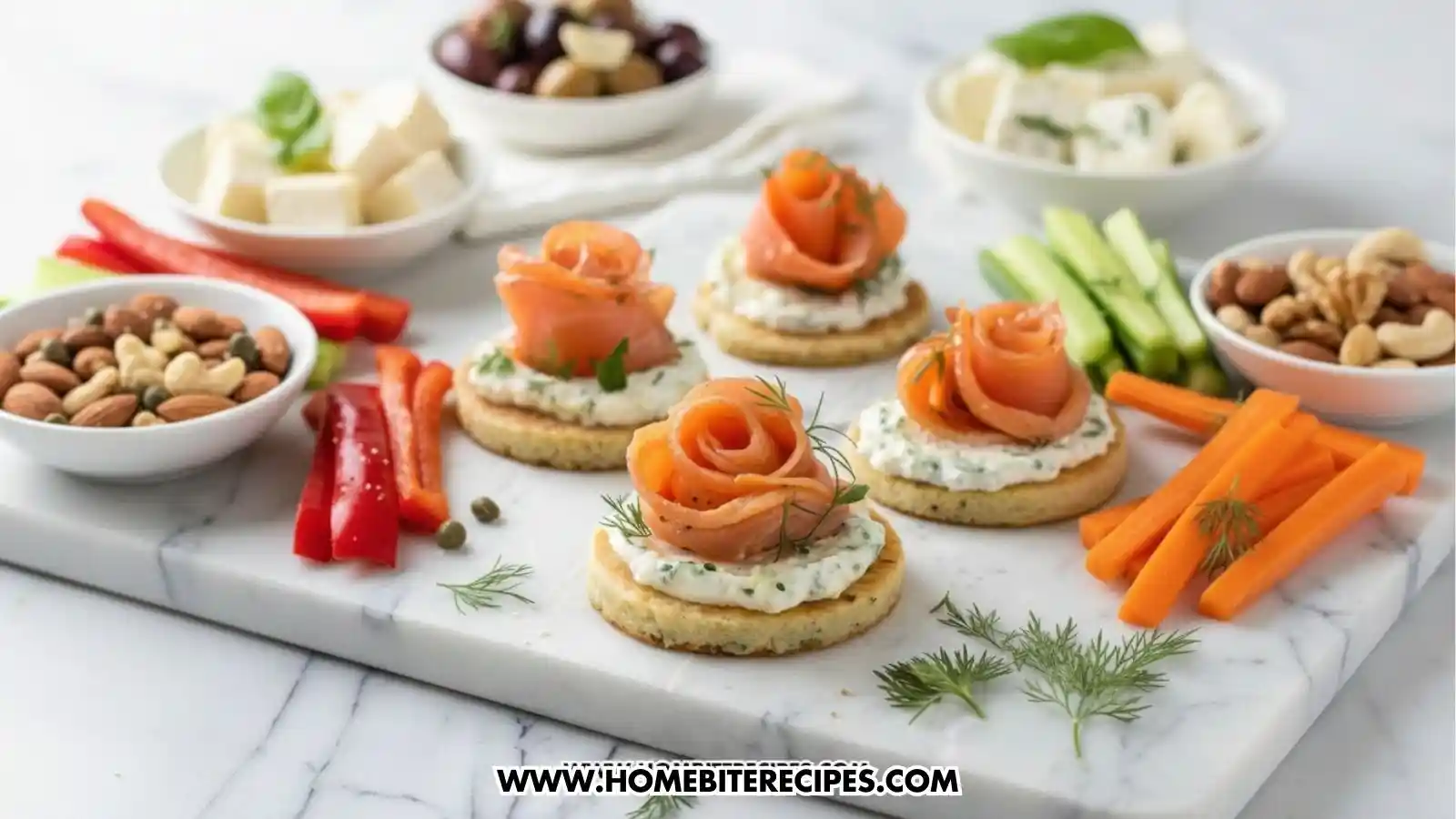 Smoked Salmon Rose Canapés served with marinated olives, soft cheeses, roasted nuts, and crisp vegetables on the same board