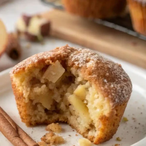 Moist apple cinnamon muffin broken open showing soft crumb and apple chunks, dusted with cinnamon sugar on a plate.