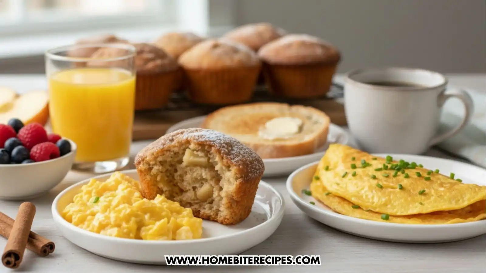 A bright breakfast table featuring a halved Soft Apple Cinnamon Muffins dusted with powdered sugar served with soft scrambled eggs. The spread also includes an omelet garnished with chives, a glass of orange juice, a bowl of fresh berries, buttered toast, and coffee, with more muffins cooling in the background.