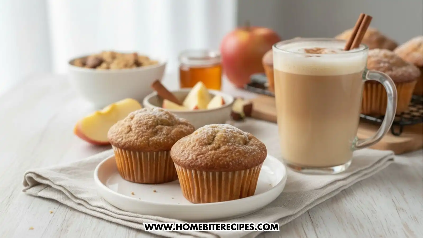Two golden-brown Soft Apple Cinnamon Muffins dusted with sugar sit on a white plate atop a linen napkin. Next to them is a glass mug of latte topped with foam and a cinnamon stick, with honey, cereal, and apple slices in the soft-focus background.