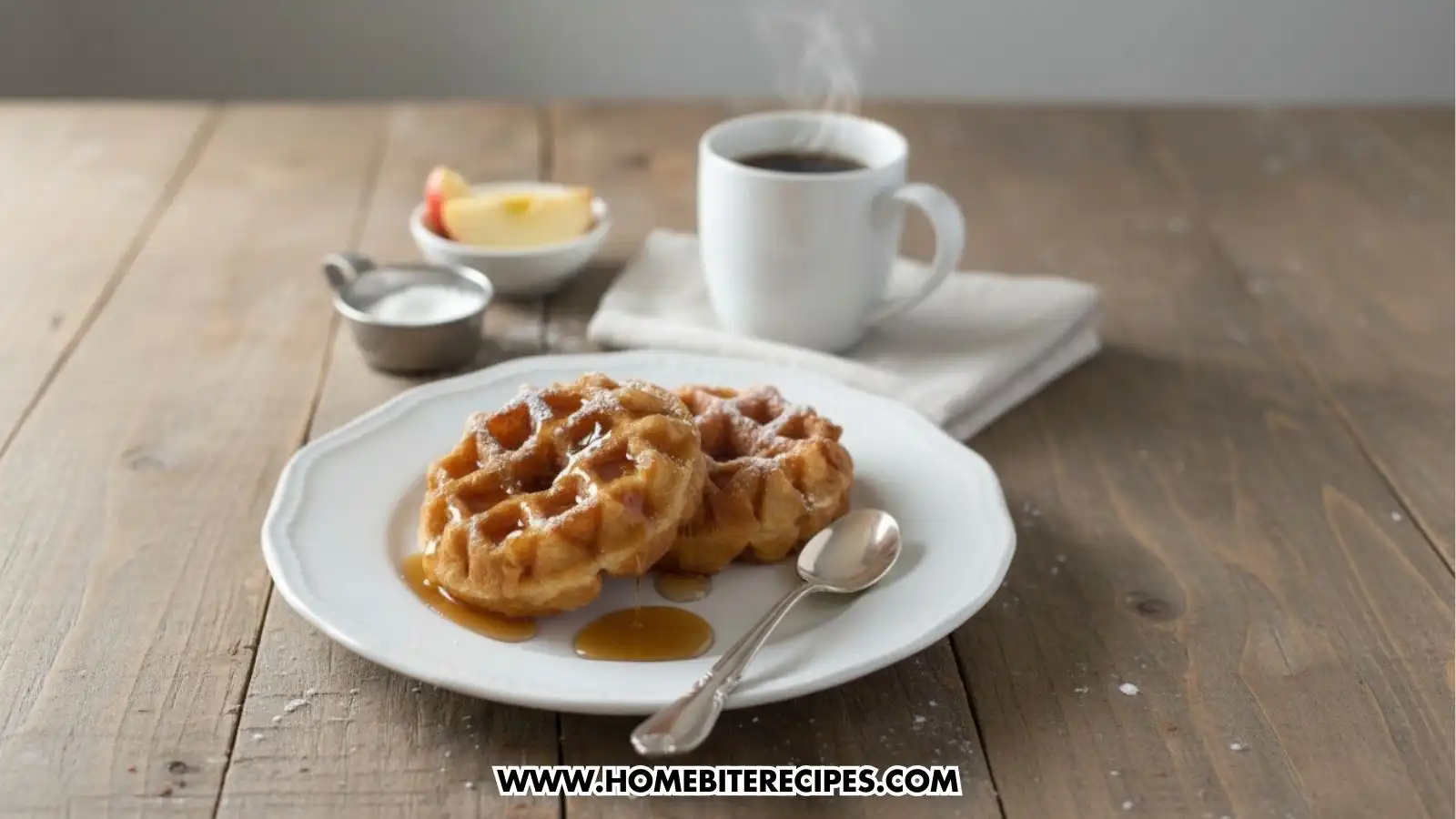 A cozy breakfast scene on a rustic wooden table. A white plate holds two thick, spiced apple waffles drizzled with maple syrup and lightly dusted with powdered sugar. In the background, there is a steaming white mug of coffee, a small bowl of apple slices, and a tiny metal pitcher of sugar.