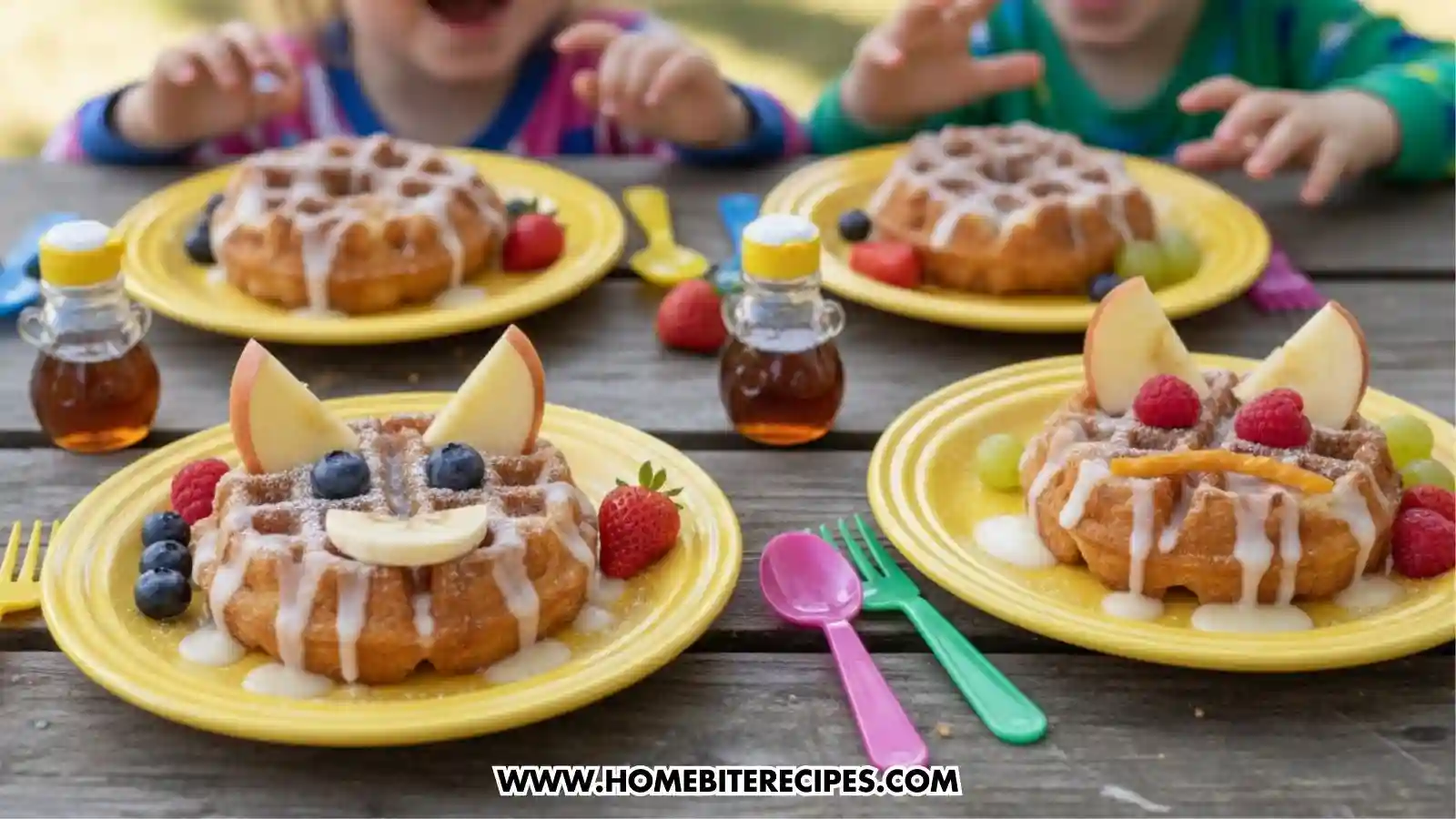 Four yellow plates on a wooden outdoor table, each featuring a waffle decorated as an animal face using fruit. Decorations include apple slice ears, blueberry or raspberry eyes, and banana slice smiles. Two children are seen in the blurred background, reaching for the food next to small jars of syrup and colorful plastic utensils.