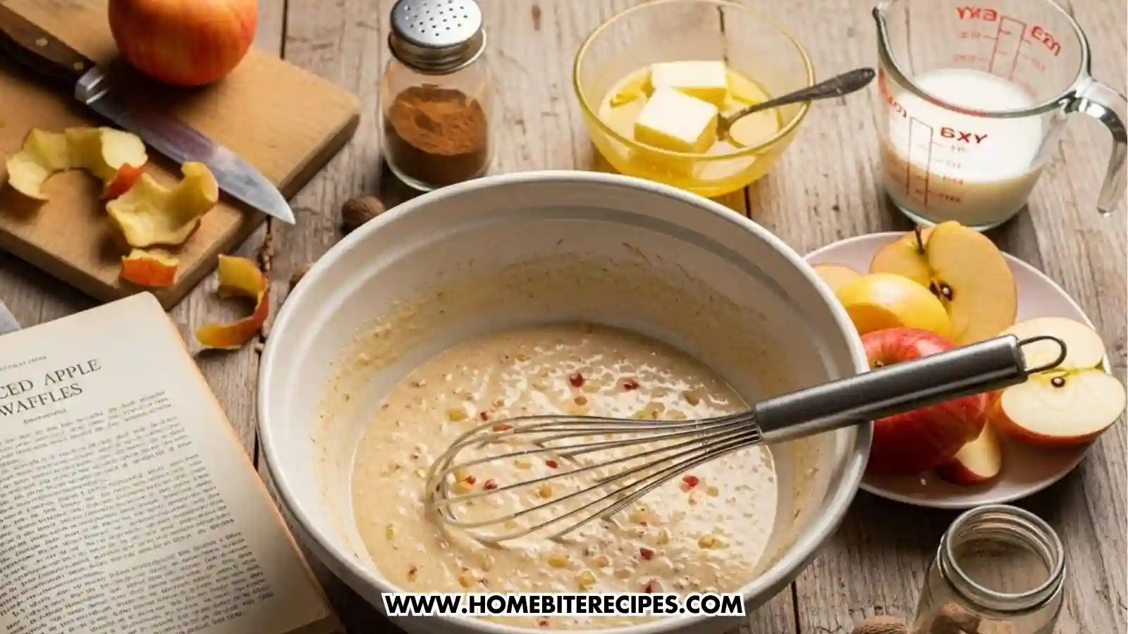A top-down view of a wooden countertop set up for baking spiced apple waffles. A large white mixing bowl in the center contains waffle batter being stirred with a metal whisk, with small apple chunks visible in the mixture. Surrounding the bowl are various ingredients: a plate of sliced red and yellow apples, a measuring cup of milk, a small bowl of melted butter, a jar of ground cinnamon, and whole nutmeg. An open cookbook titled "Spiced Apple Waffles" lies to the left next to a cutting board with apple peels and a kitchen knife.