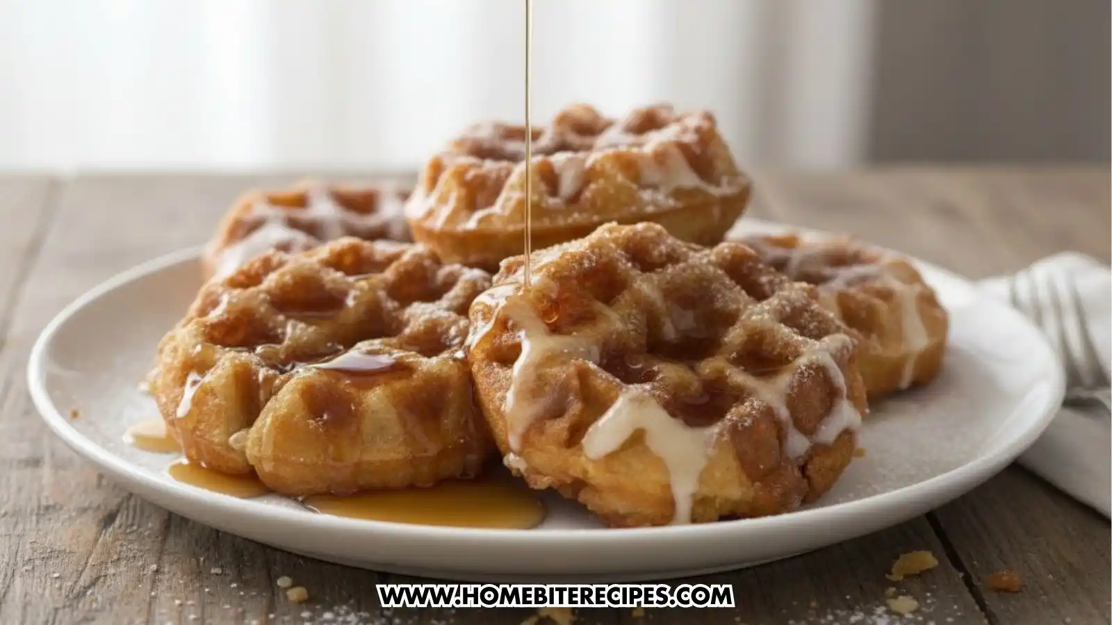 A close-up shot of a stack of fluffy, spiced apple waffles on a white plate. Amber maple syrup is being poured over the top, glistening as it runs over a creamy white glaze. The waffles are golden-brown with visible textures of cinnamon and sugar.