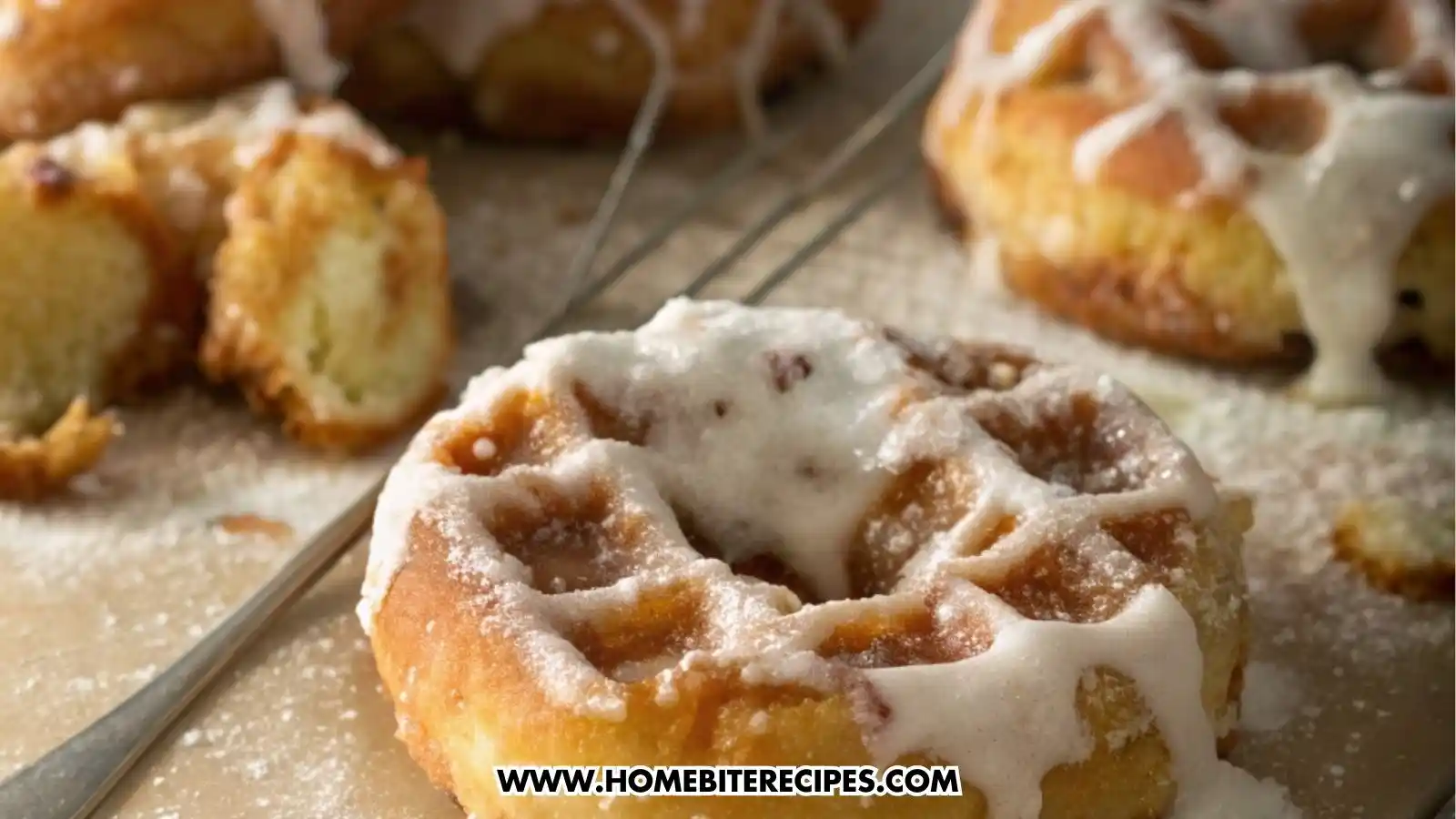Golden spiced apple waffles topped with powdered sugar and vanilla glaze on a baking tray, served warm for breakfast.
