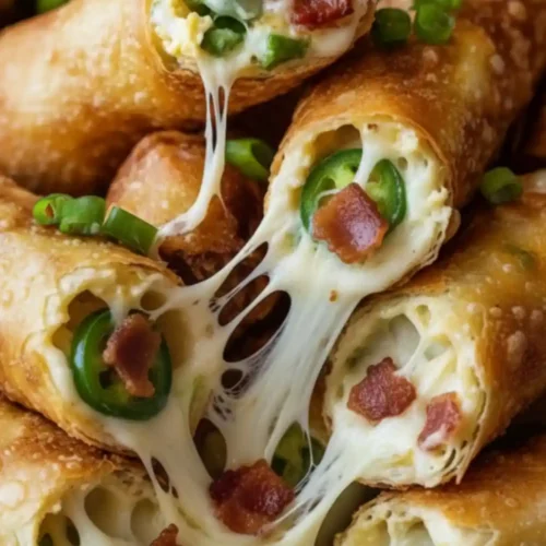 A macro close-up of crispy, golden-brown Spicy Jalapeño Popper Rolls With Bacon with gooey melted cheese pulling apart to reveal jalapeño slices and bacon bits.