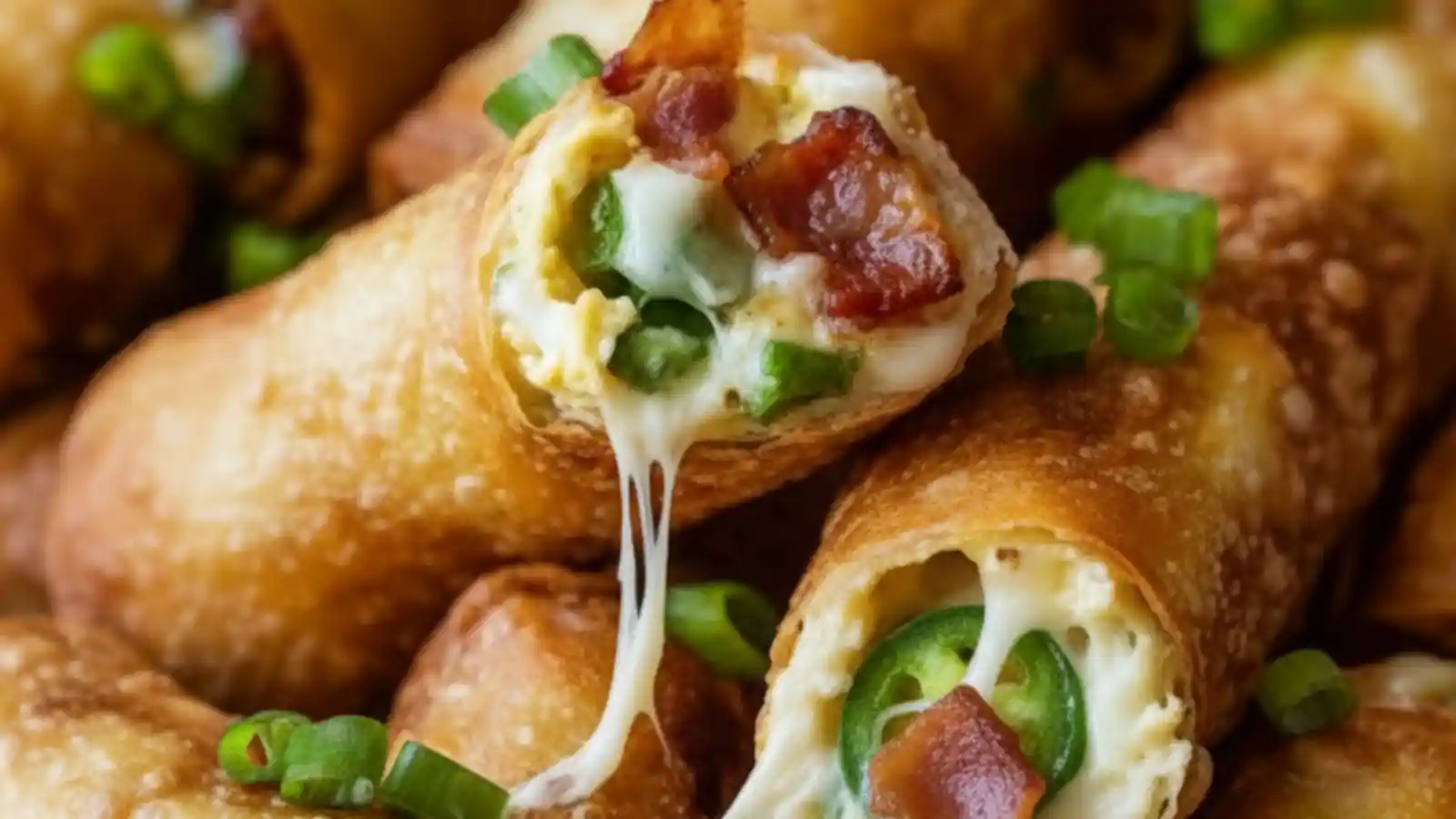 A close-up of Spicy Jalapeño Popper Rolls With Bacon with gooey melted cheese
