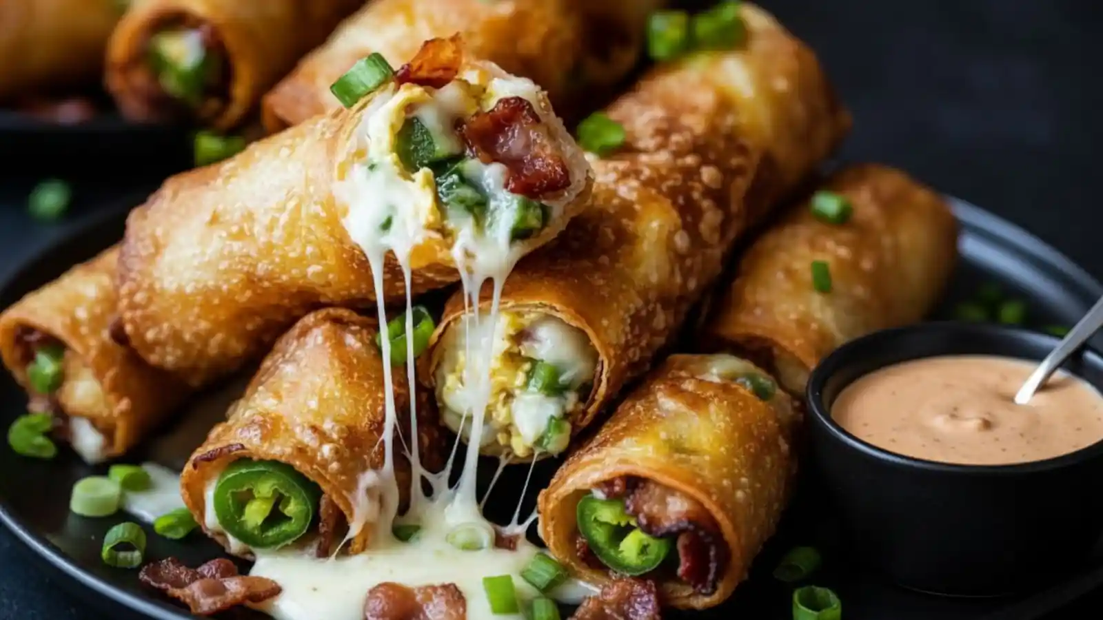 A close-up of crispy, golden-brown Spicy Jalapeño Popper Rolls With Bacon with gooey melted cheese pulling apart to reveal jalapeño slices and bacon bits and sauce aside.