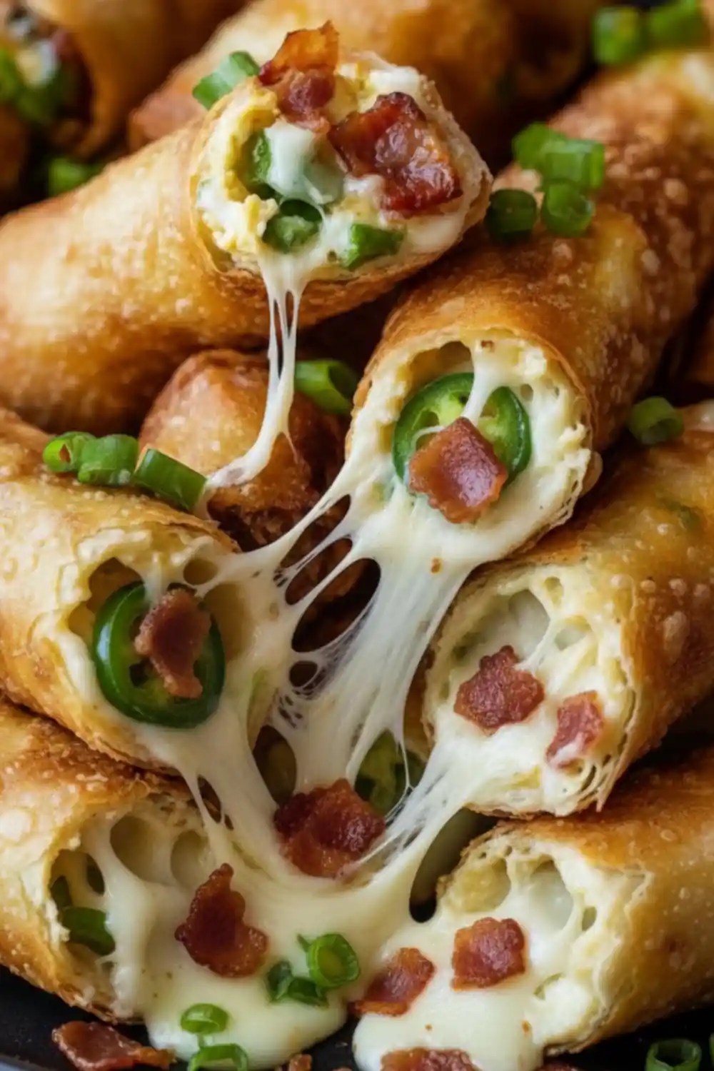 A macro close-up of crispy, golden-brown Spicy Jalapeño Popper Rolls With Bacon with gooey melted cheese pulling apart to reveal jalapeño slices and bacon bits.