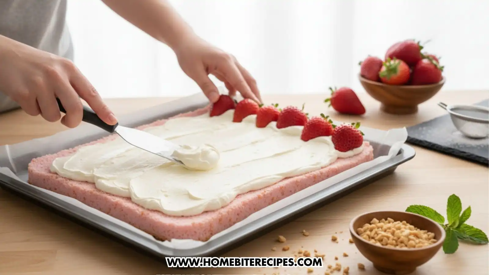 A high-angle, close-up shot of a person using a metal offset spatula to spread a thick layer of white whipped cream over a rectangular sheet of pink strawberry sponge cake. A row of fresh, whole strawberries is lined up along one edge of the cake, and a bowl of chopped nuts and whole strawberries sits on the wooden table nearby.