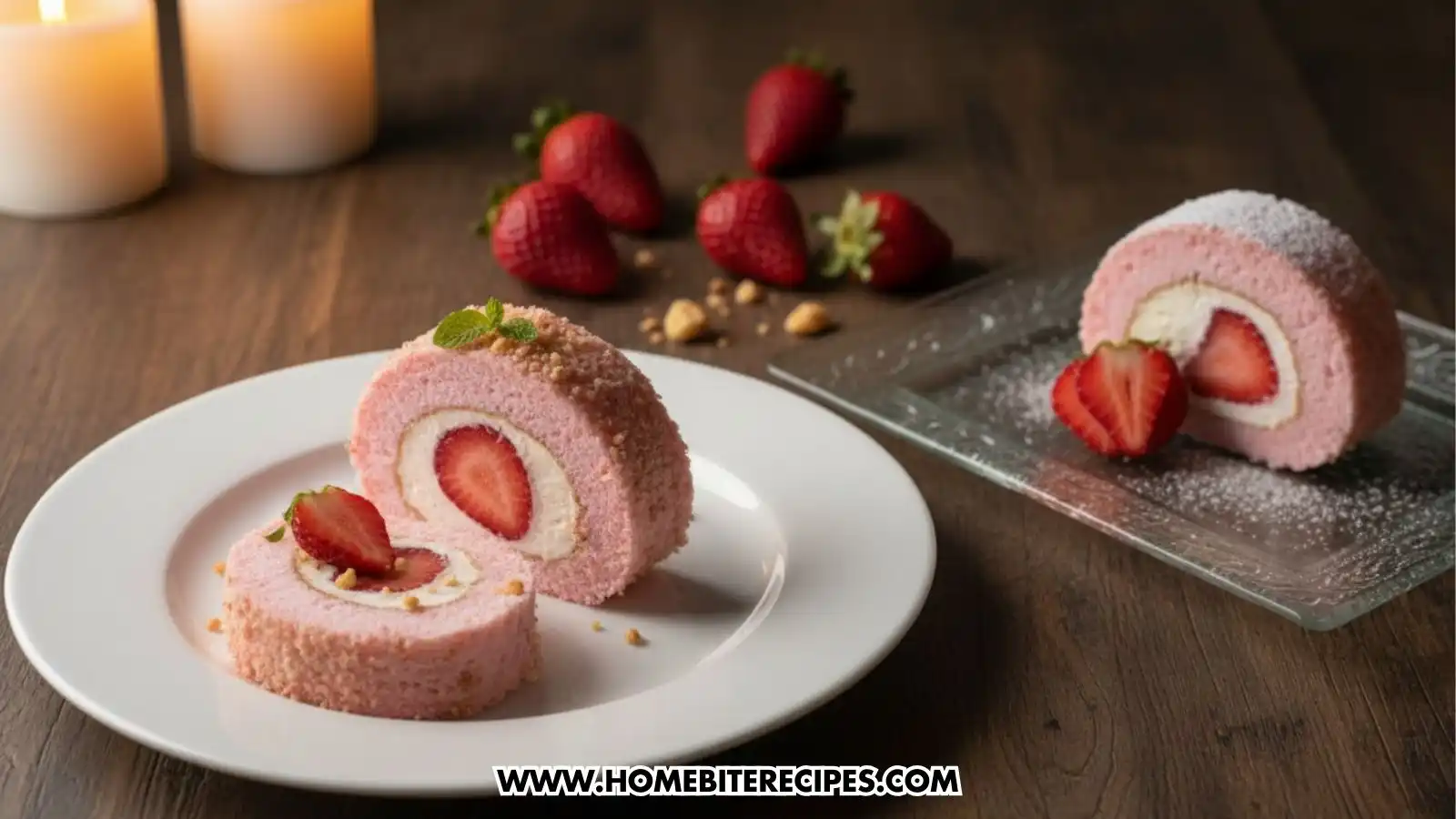 A lifestyle shot featuring slices of strawberry roll cake on white and glass plates. The pink cake is dusted with powdered sugar and crushed nuts. The scene is warmly lit by blurred candles in the background, with scattered fresh strawberries and nuts on the wooden tabletop.