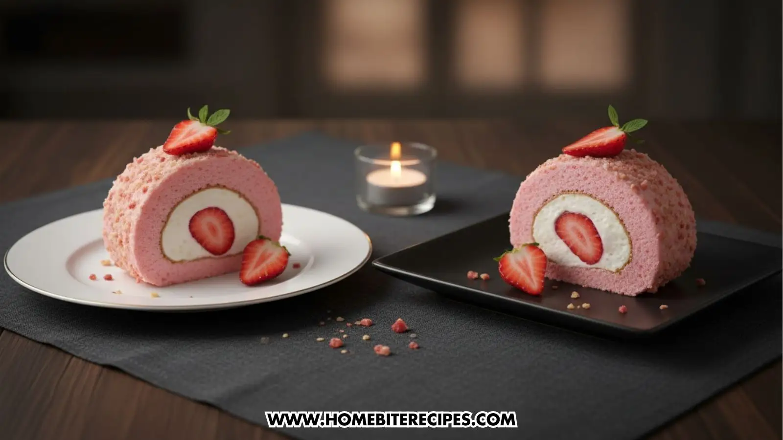 Two thick slices of pink strawberry cream roll cake are served on individual plates—one white and one black. The slices reveal a spiral of white cream centered with a fresh strawberry half. The cakes are garnished with a strawberry sliver and mint leaf on top, set against a dark, moody background with a small glowing candle.