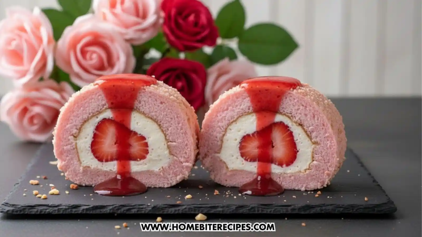A close-up of two slices of pink strawberry roll cake standing upright on a black slate board. A vibrant red strawberry coulis is being drizzled over the top of each slice, dripping down the sides. The background features soft-focus pink and red roses, creating an elegant and romantic aesthetic.