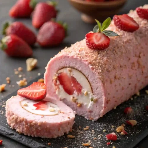 Strawberry cream roll cake sliced on a black slate board, filled with vanilla cream and fresh strawberries, topped with crushed nuts and powdered sugar.