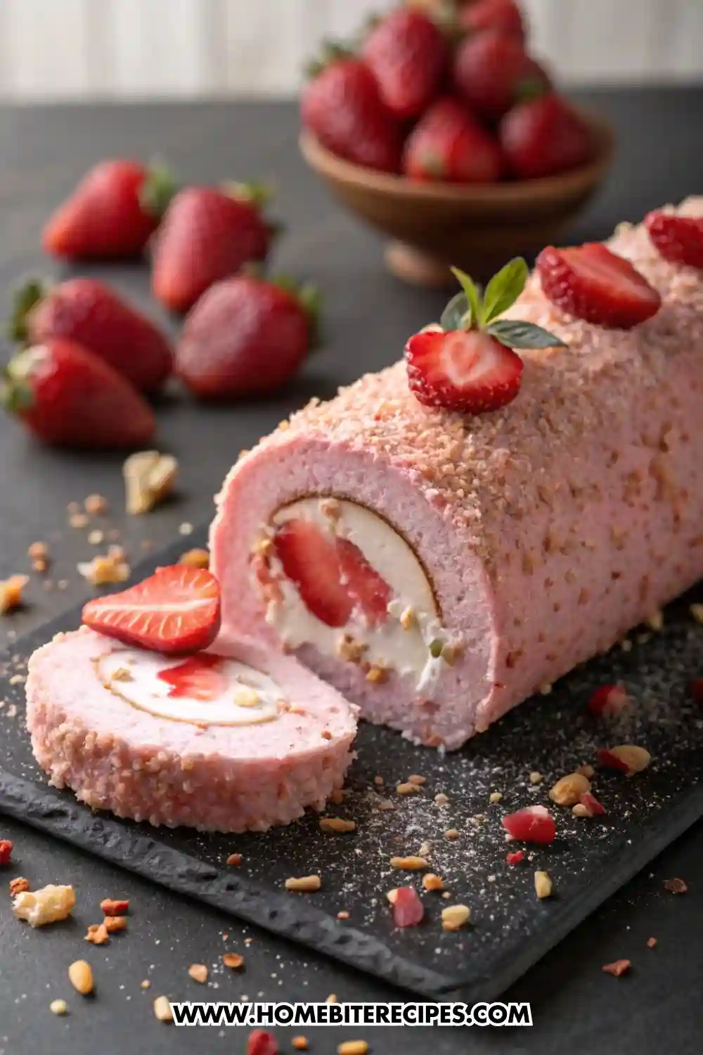 Strawberry cream roll cake sliced on a black slate board, filled with vanilla cream and fresh strawberries, topped with crushed nuts and powdered sugar.