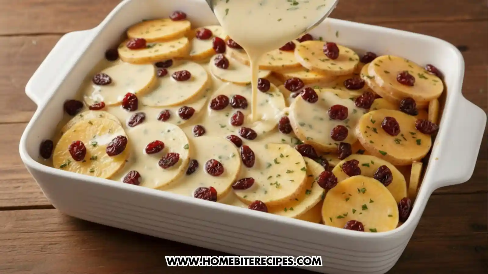 A white rectangular ceramic baking dish is filled with neatly layered, thin rounds of sliced sweet potatoes and scattered dried cranberries. A creamy white sauce speckled with fresh green herbs is being poured from a ladle over the potatoes. The dish sits on a rustic wooden tabletop, capturing the preparation stage of a savory-sweet holiday side dish.