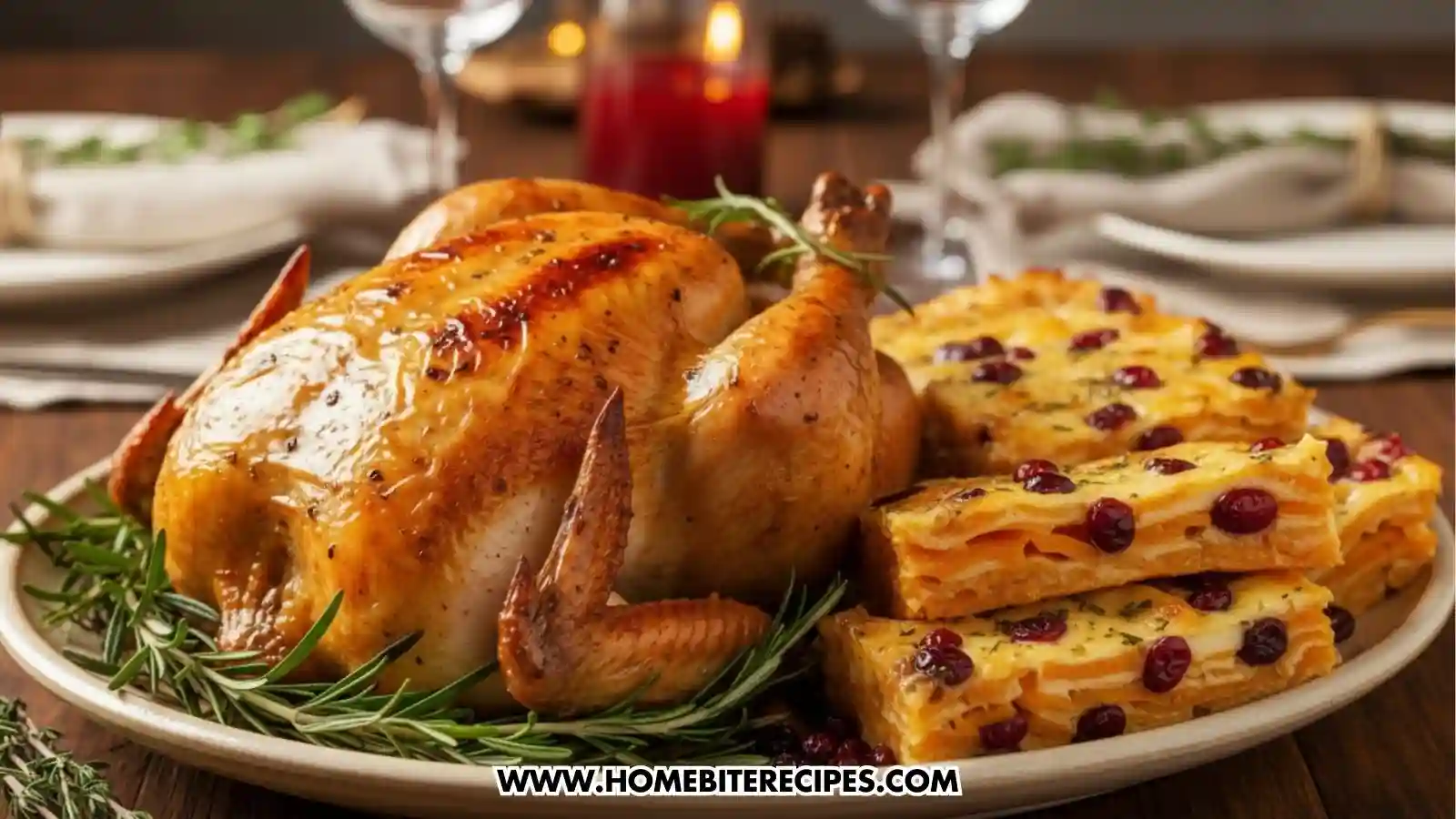 Sweet potato and cranberry gratin baked until golden brown with herbs and a glossy caramelized top, served with roasted poultry