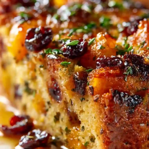 Sweet potato and cranberry gratin baked until golden brown with herbs and a glossy caramelized top.